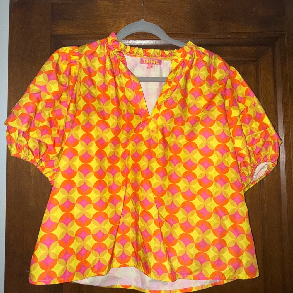 THML Women's Orange and Pink Geometric Blouse